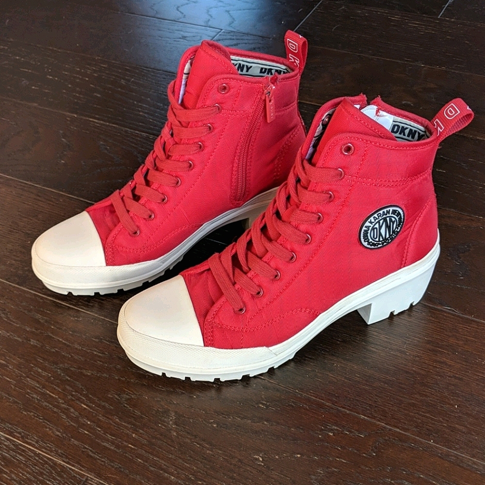 DKNY red high top sneakers, 2" lug heel, size 9